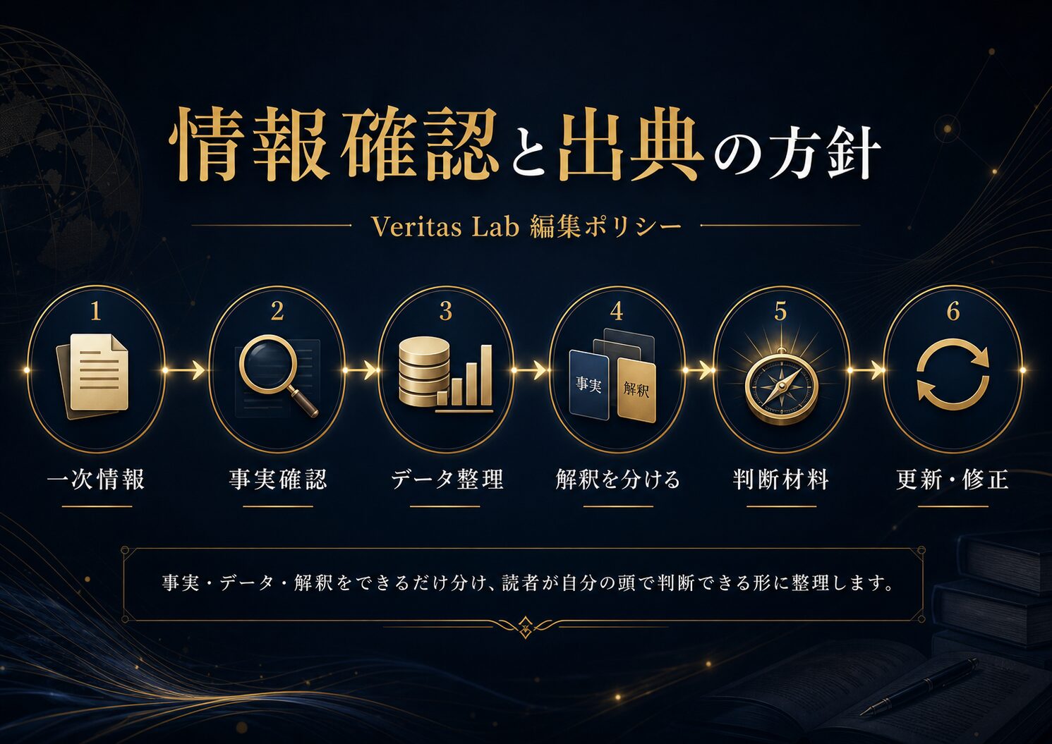Veritas Labの情報確認と出典の方針を、一次情報、データ、解釈、判断、更新の流れで示す図解
