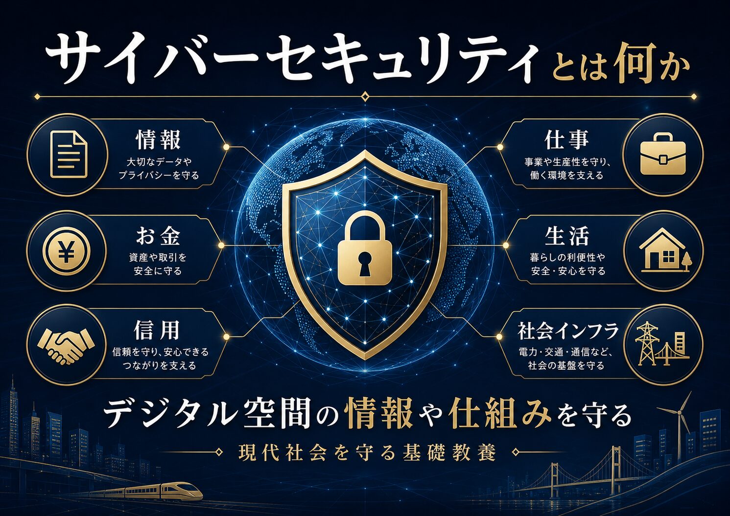 サイバーセキュリティの全体像を、情報、お金、信用、生活、社会インフラ、防御の層から示した図解