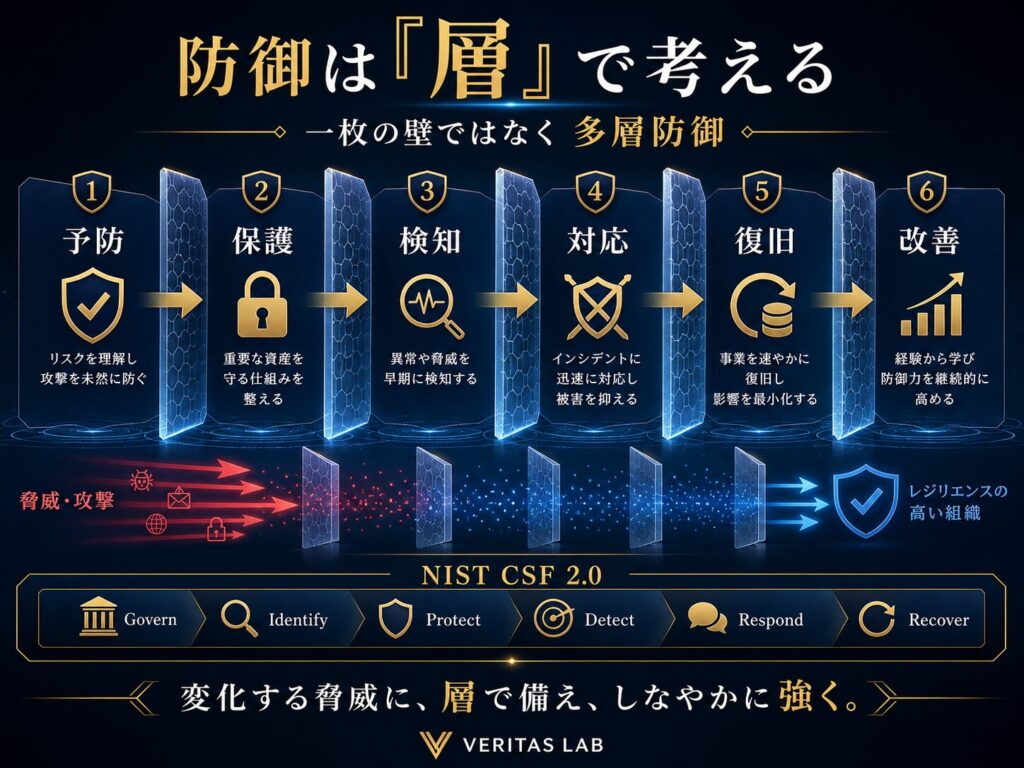 サイバーセキュリティを、予防、保護、検知、対応、復旧の層で考える図解
