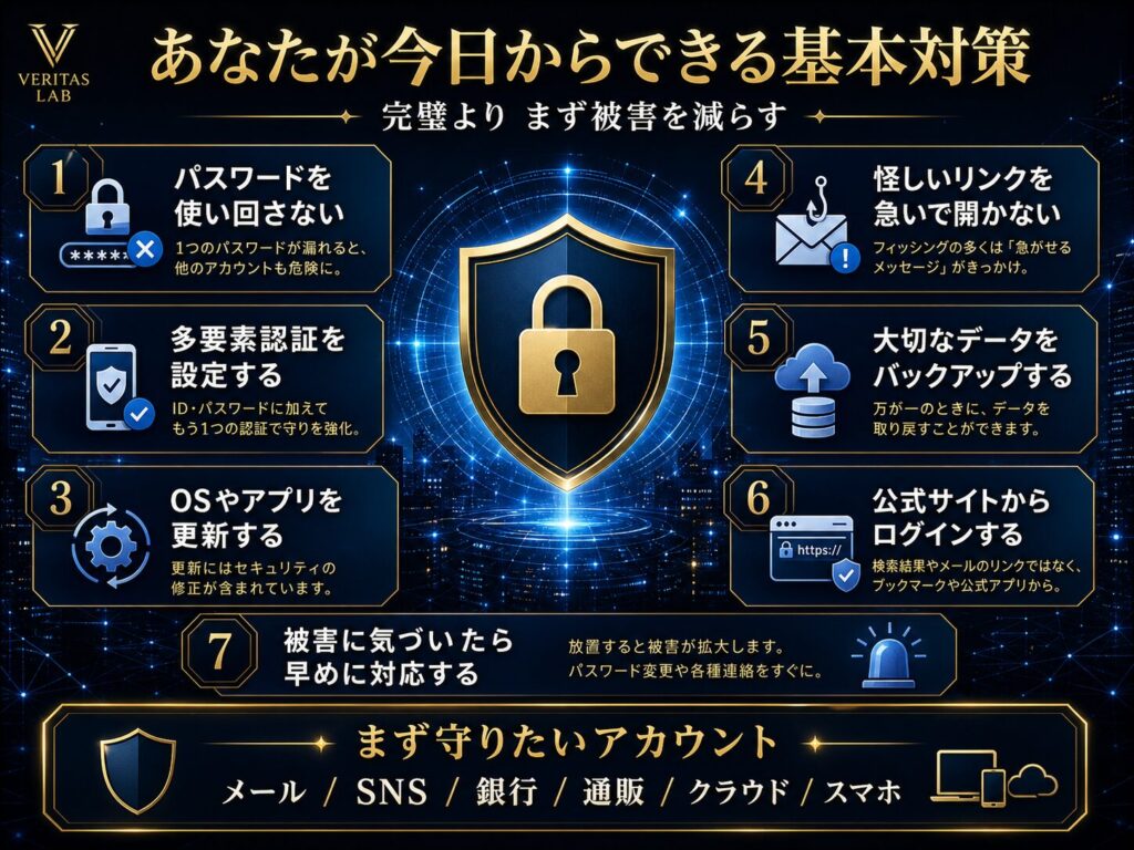 パスワード、多要素認証、更新、リンク確認、バックアップなど今日からできるサイバーセキュリティ対策を示した図解