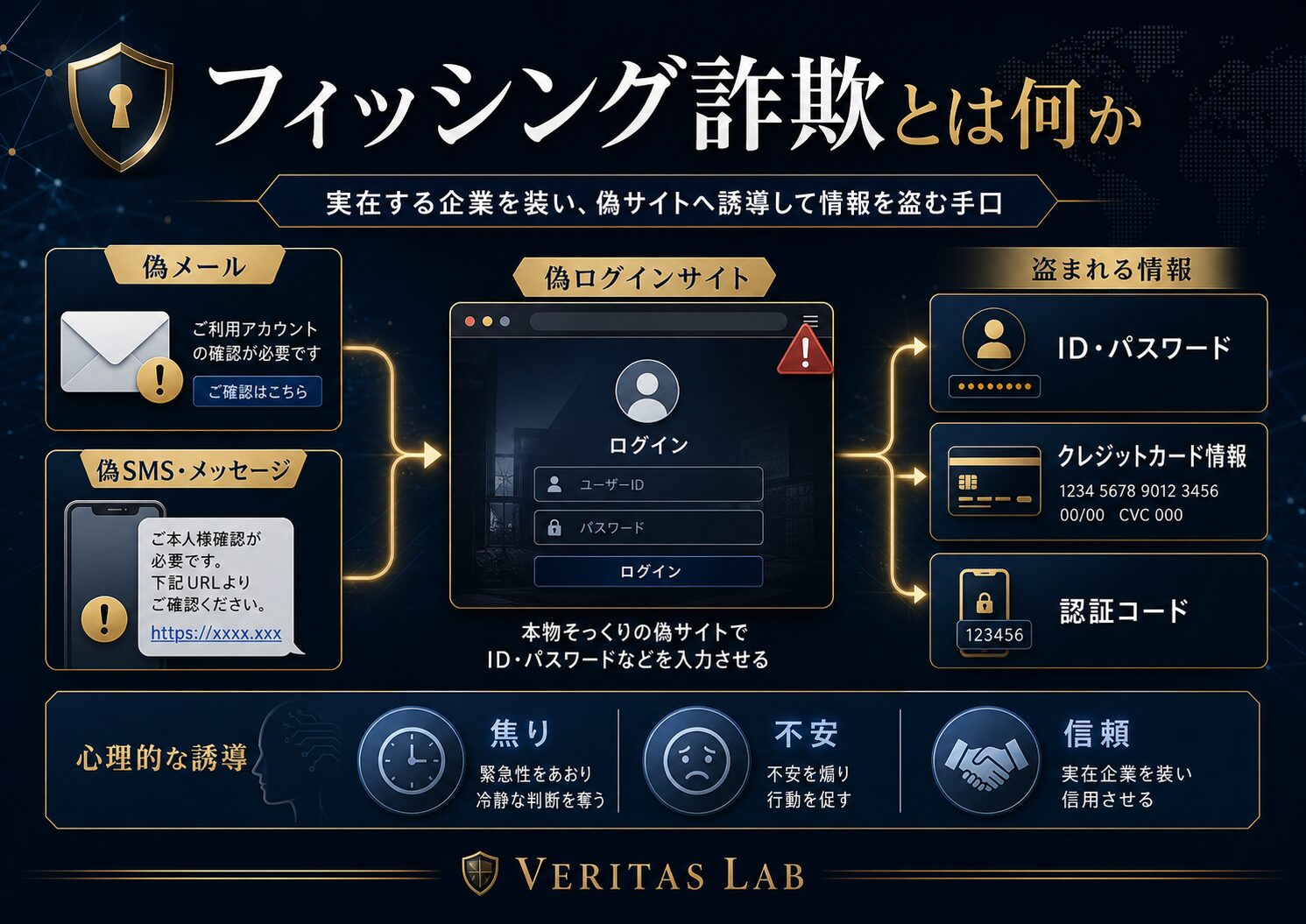 フィッシング詐欺の仕組みを、偽メール、偽サイト、ログイン情報、心理操作から示した図解