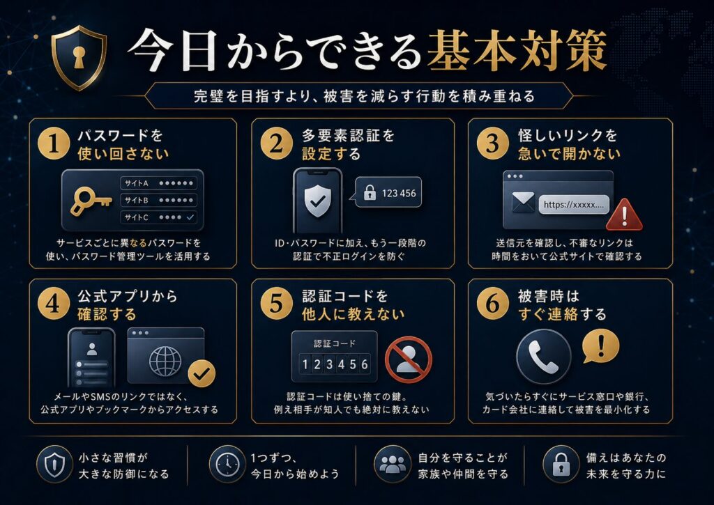 公式アプリから確認する、パスワードを使い回さない、多要素認証を使うなどフィッシング対策を示した図解
