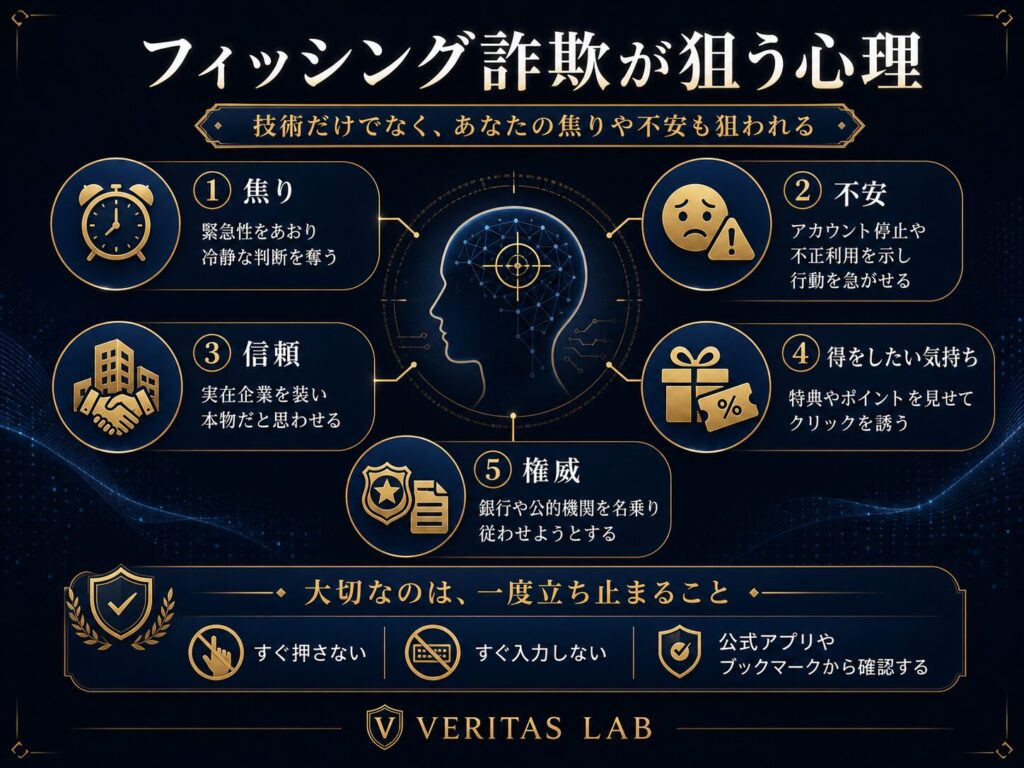 フィッシング詐欺で使われる焦り、不安、信頼、得をしたい気持ち、権威への従いやすさなどの心理を示した図解