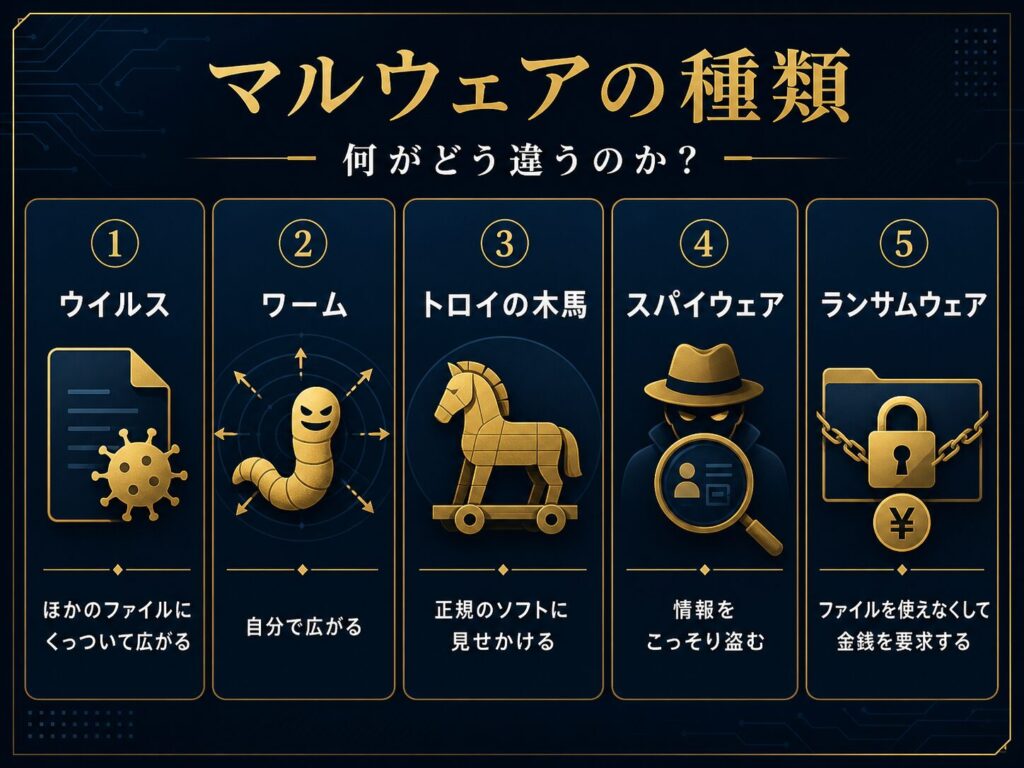 ウイルス、ワーム、トロイの木馬、スパイウェア、ランサムウェアの違いを整理した図解