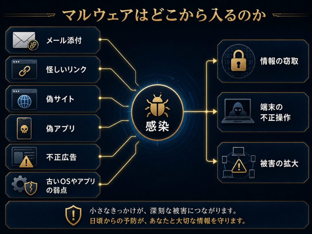 マルウェアがメール添付、偽サイト、偽アプリ、不正広告、古いOSやアプリの弱点などから入り込む流れを示した図解