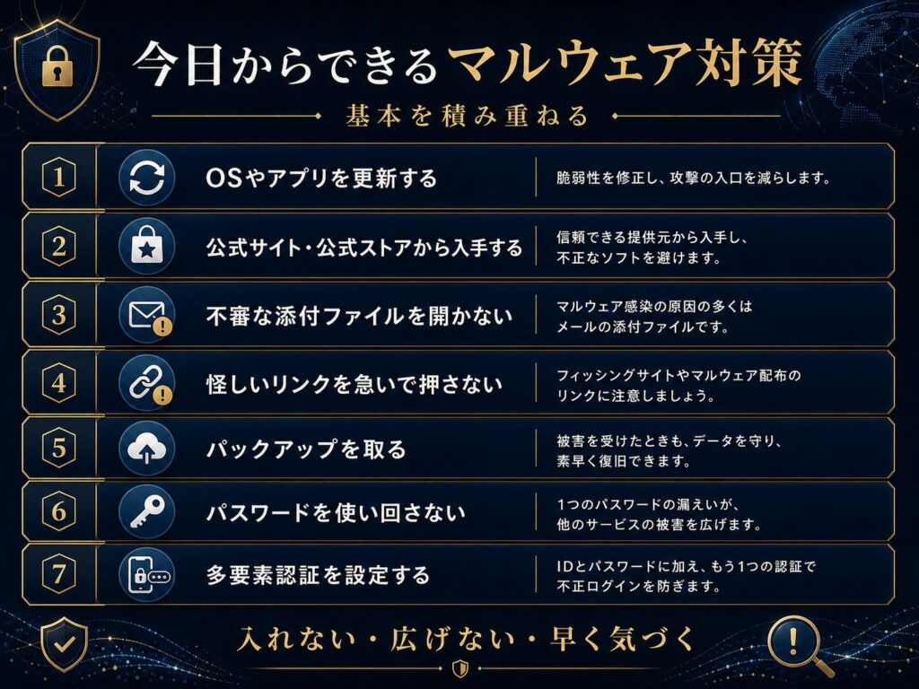 OSやアプリの更新、公式ストアの利用、不審な添付ファイルを開かない、バックアップ、多要素認証などマルウェア対策を示した図解