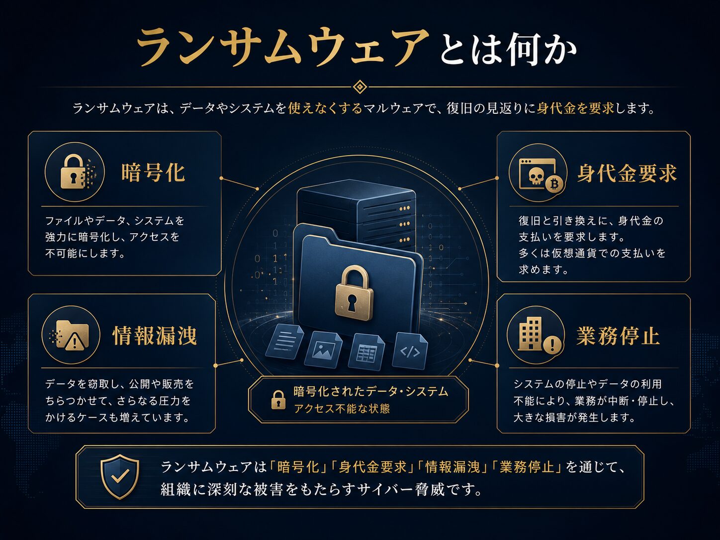 ランサムウェアの全体像を、暗号化、身代金要求、情報漏洩、業務停止から示した図解