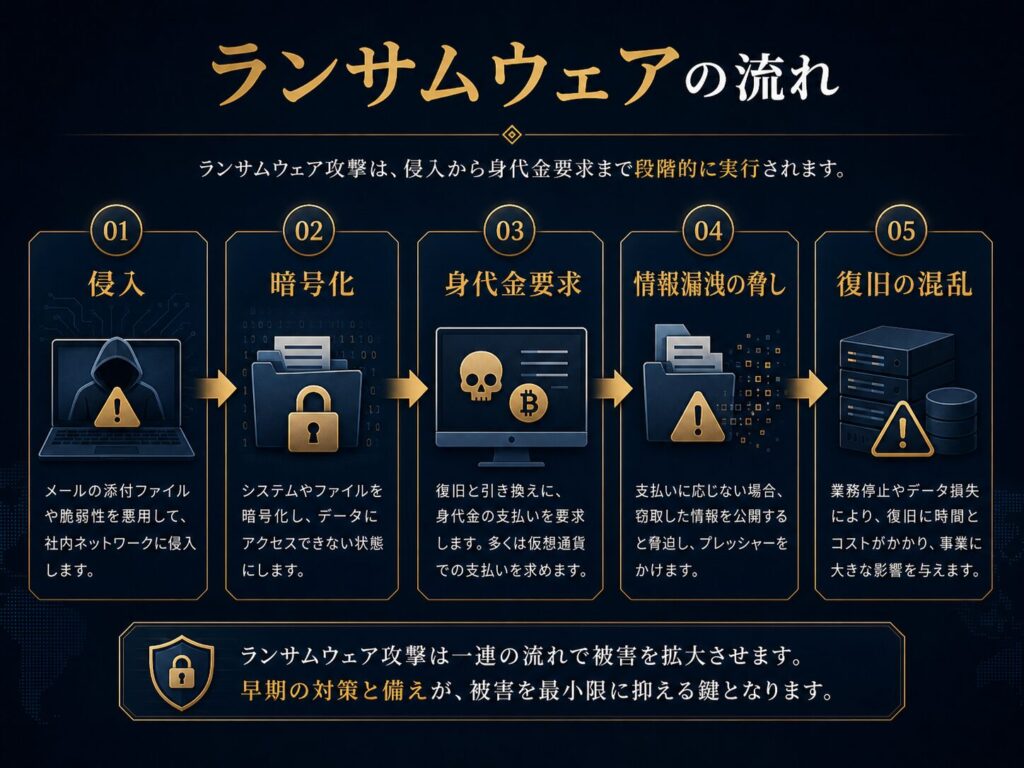 ランサムウェアが侵入、暗号化、身代金要求、情報公開の脅しへ進む流れを示した図解