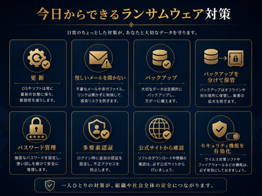 バックアップ、更新、多要素認証、権限管理、初動連絡、復旧訓練などランサムウェア対策を示した図解