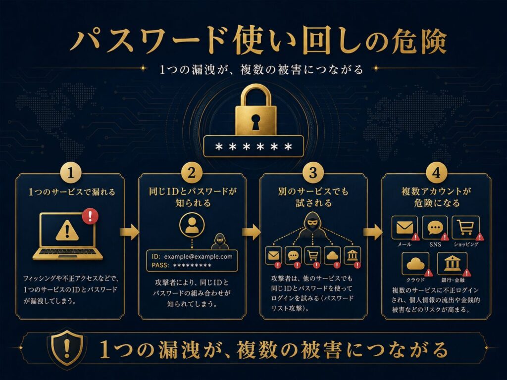一つのサービスから漏れたパスワードが、メール、SNS、通販、クラウドなど別のサービスで試される流れを示した図解