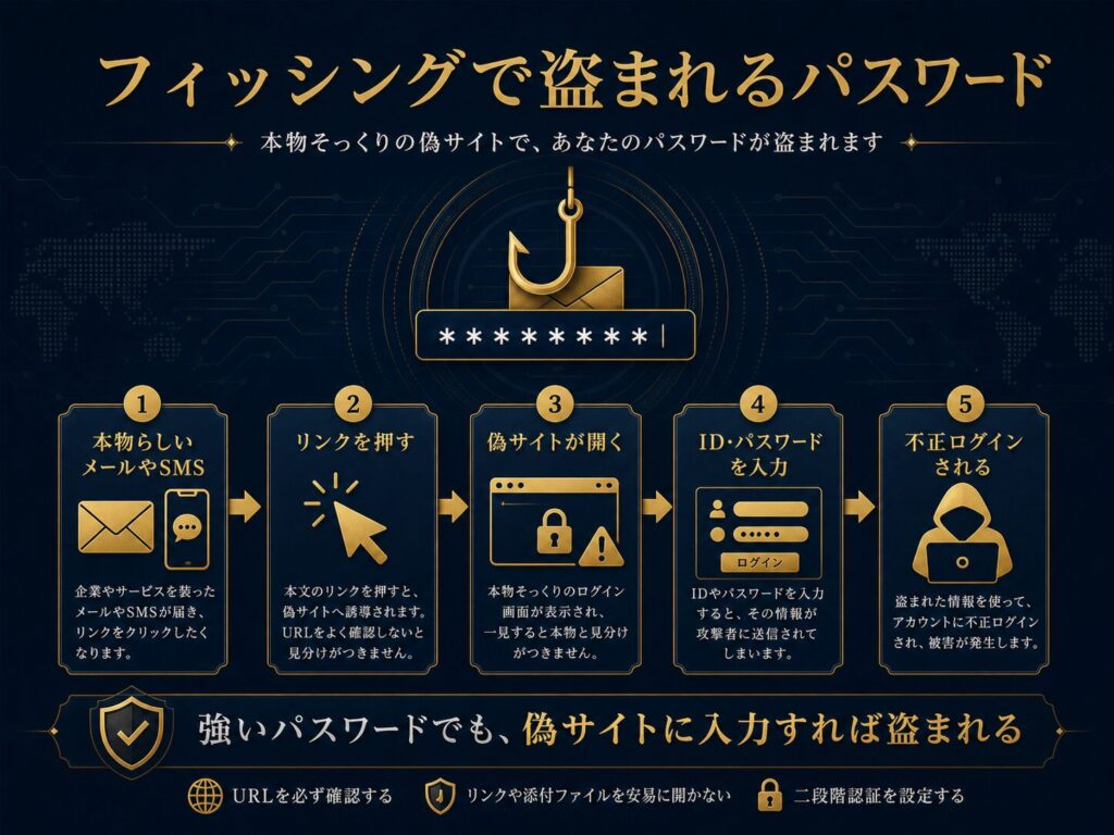 偽サイトにパスワードを入力すると、長く複雑なパスワードでも攻撃者に盗まれることを示した図解