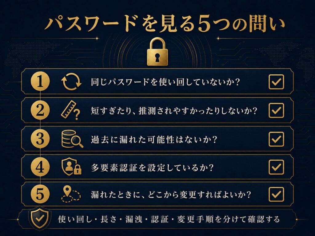 パスワードを見直すための5つの問いを示したチェックリスト図解