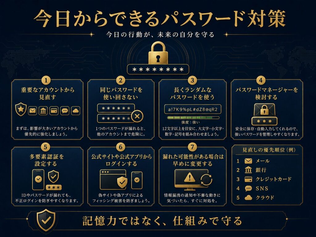 パスワードマネージャー、多要素認証、公式サイトからのログイン、重要アカウントの見直しなどの基本対策を示した図解