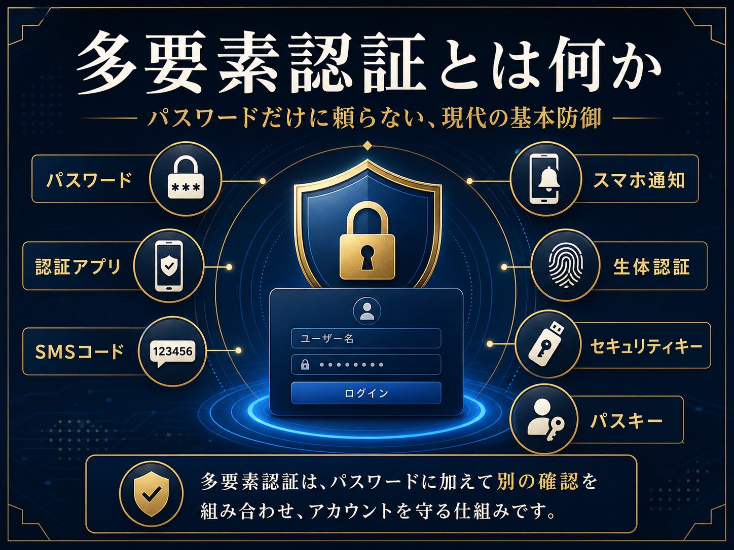 多要素認証の全体像を、パスワード、認証アプリ、SMSコード、スマホ通知、生体認証、セキュリティキーから示した図解