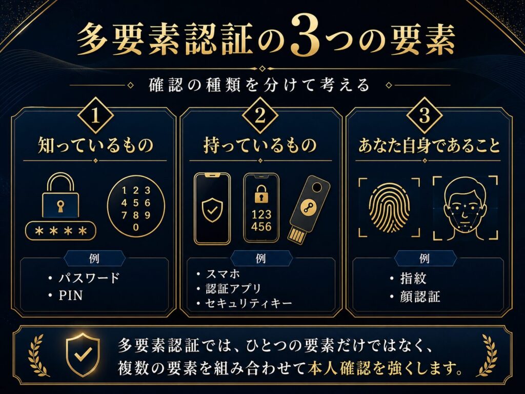 多要素認証の3つの要素である、知っているもの、持っているもの、あなた自身であることを示した図解