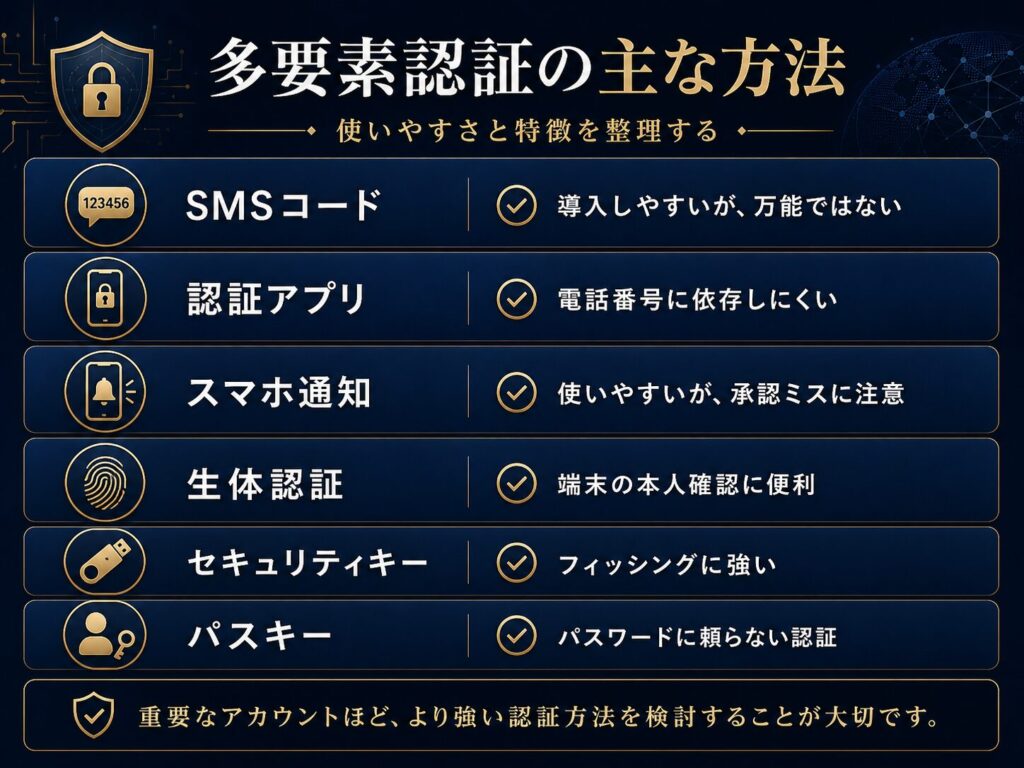 SMSコード、認証アプリ、プッシュ通知、生体認証、セキュリティキー、パスキーの違いを比較した図解