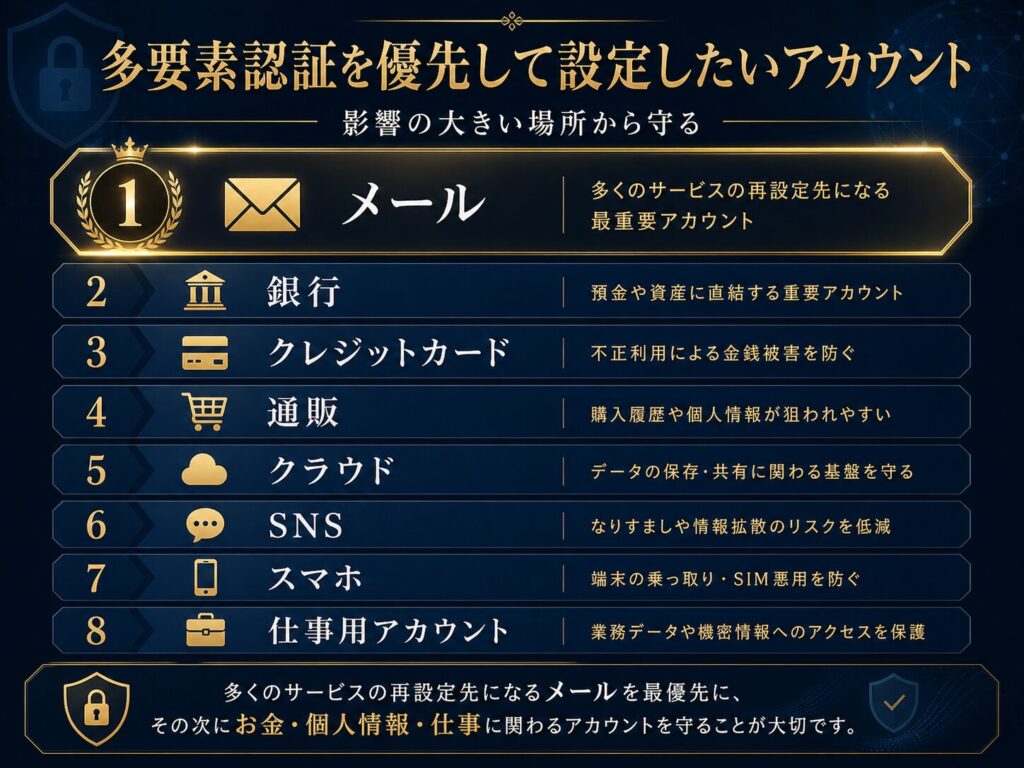 メール、銀行、クレジットカード、クラウド、SNS、仕事用アカウントなど多要素認証を優先して設定すべきアカウントを示した図解