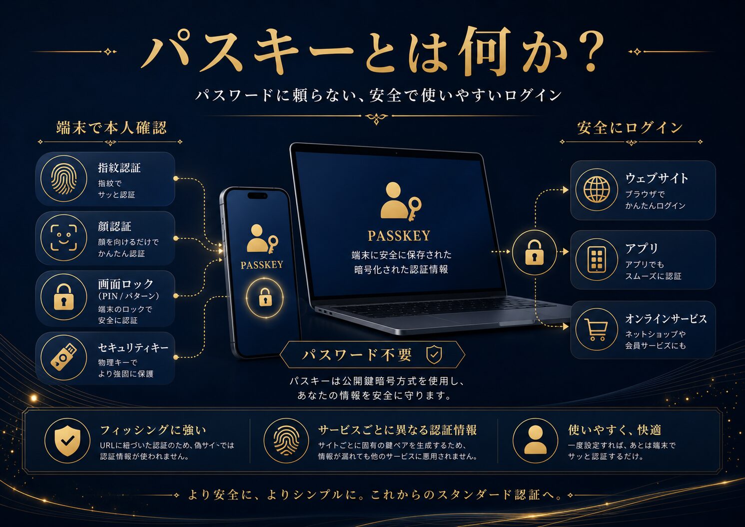 パスキーの全体像を、パスワードに頼らないログイン、端末、指紋認証、顔認証、セキュリティキーから示した図解