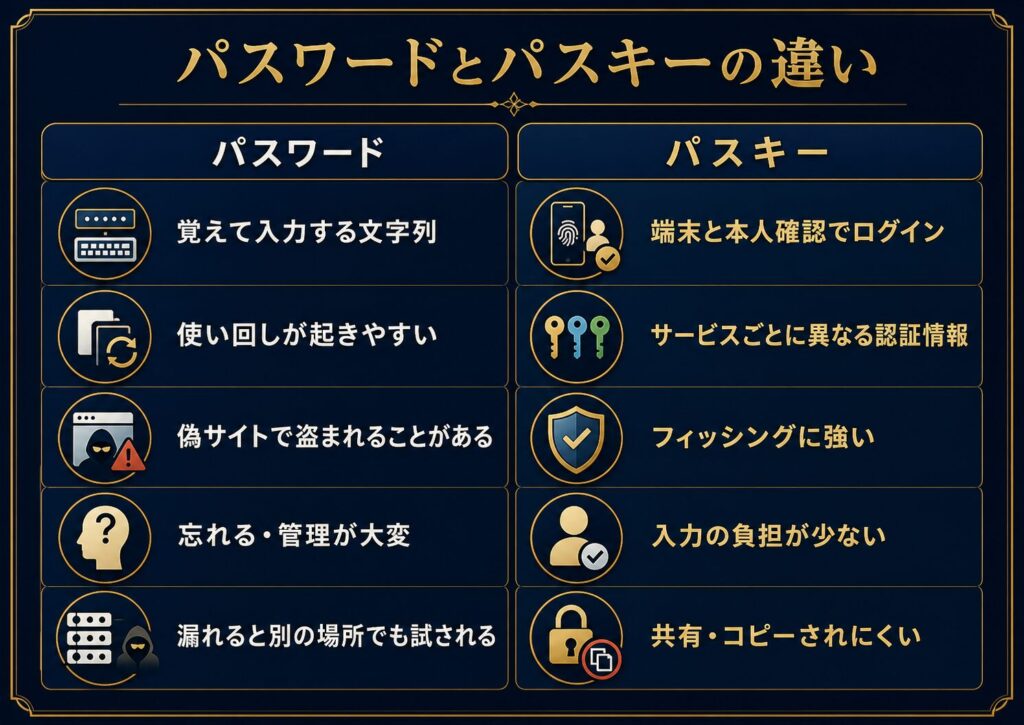 パスワードとパスキーの違いを、文字列入力、使い回し、フィッシング耐性、端末認証から比較した図解
