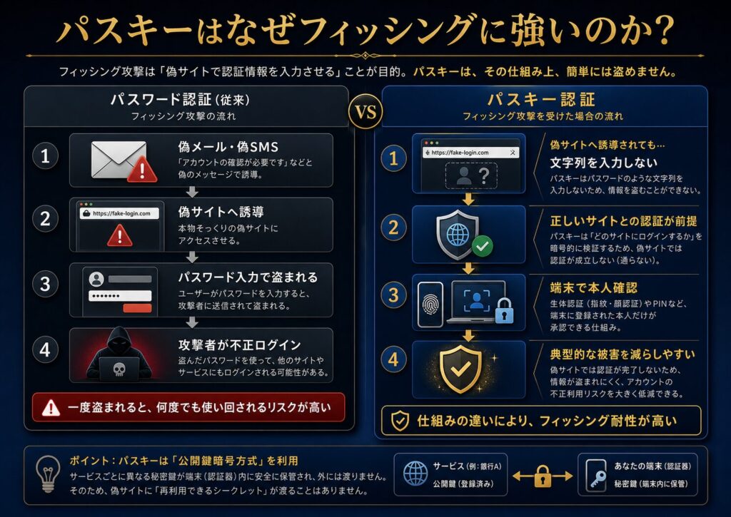 パスキーが偽サイトへのパスワード入力を減らし、フィッシングに強い理由を示した図解