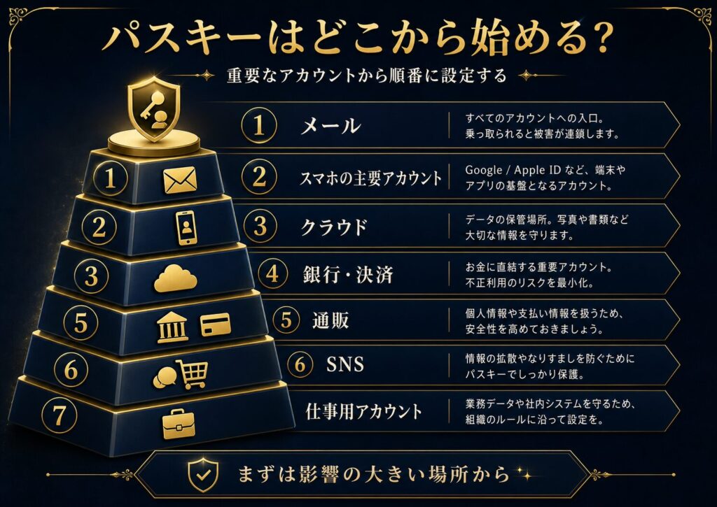 メール、クラウド、銀行、通販、SNSなどパスキーを優先して設定したいアカウントを示した図解