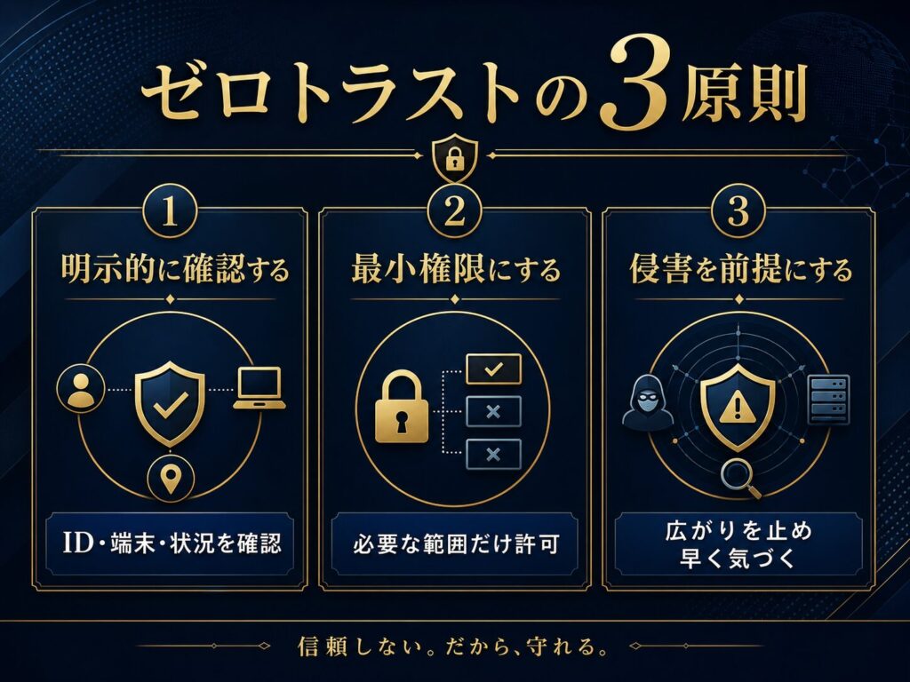 ゼロトラストの3つの原則である、明示的に確認する、最小権限にする、侵害を前提にするを示した図解