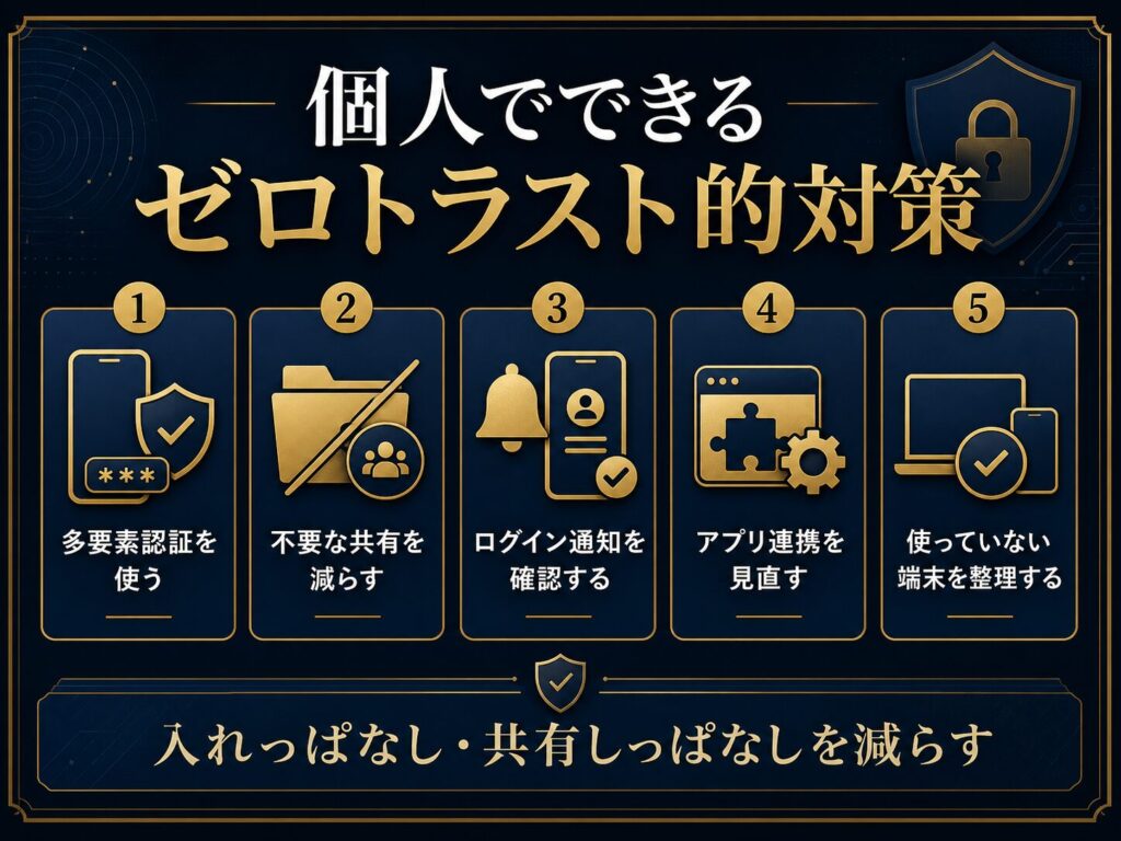 個人ができるゼロトラスト的な対策として、多要素認証、不要な共有の削除、ログイン通知確認、アプリ連携の見直しを示した図解