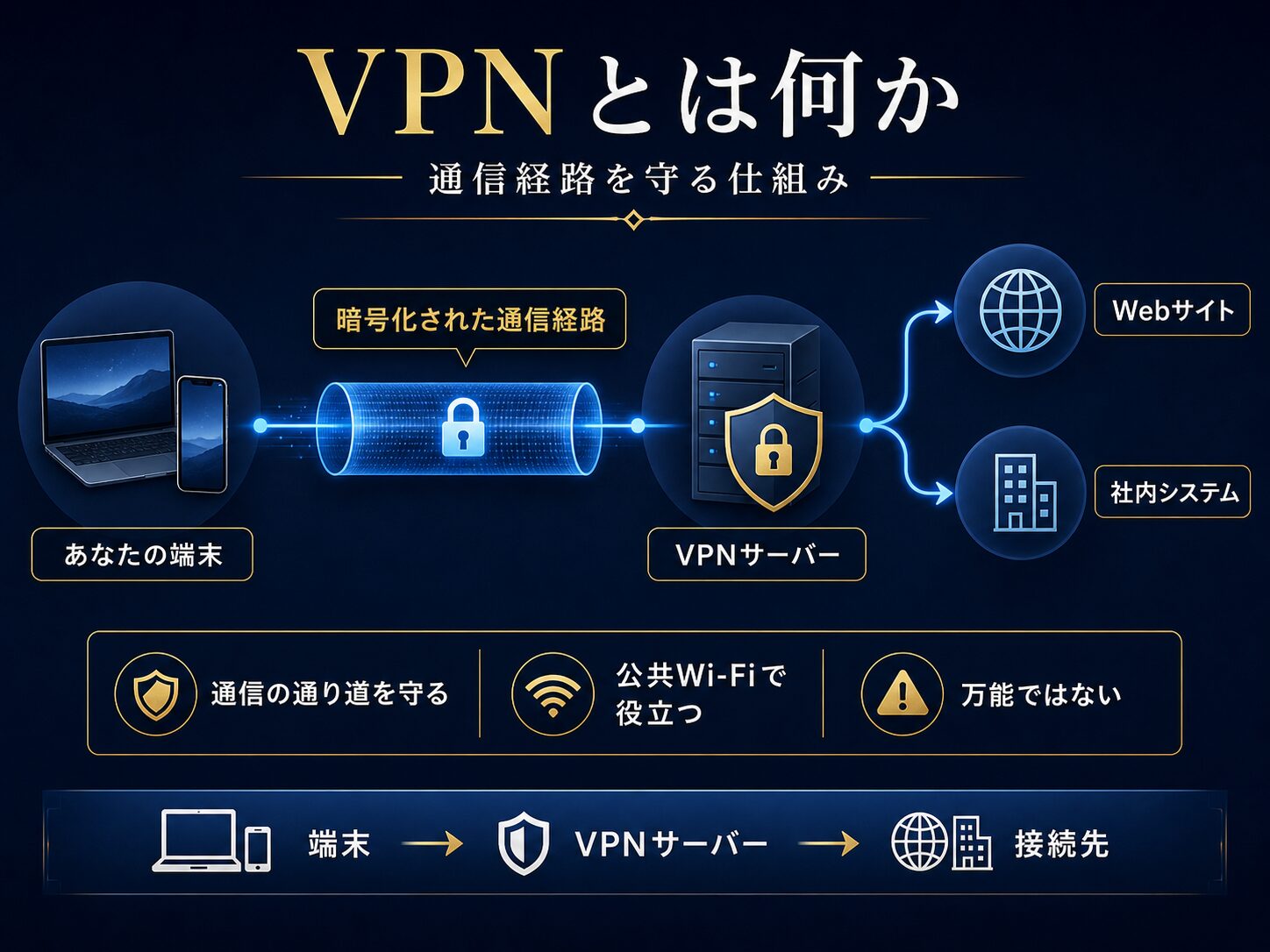 VPNの全体像を、端末、VPNサーバー、暗号化された通信経路、Webサイトや社内システムから示した図解