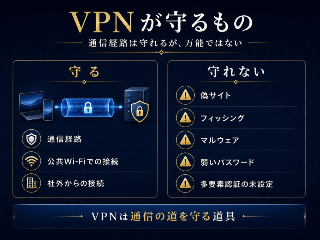 VPNが端末からVPNサーバーまでの通信経路を守る一方で、接続先のサイトや端末自体を完全に守るわけではないことを示した図解