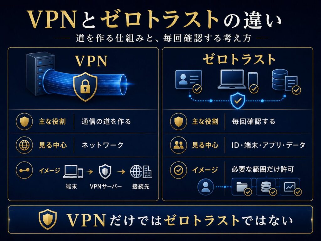 VPNとゼロトラストの違いを、通信経路を作るVPNと、誰が何にアクセスするかを確認するゼロトラストとして比較した図解