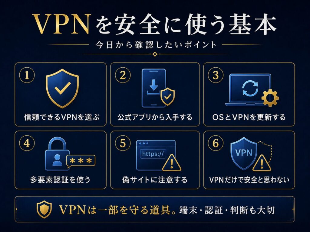 信頼できるVPNを選ぶ、公式アプリから入手する、更新する、多要素認証を使う、VPNだけで安全と思わないなどの基本対策を示した図解