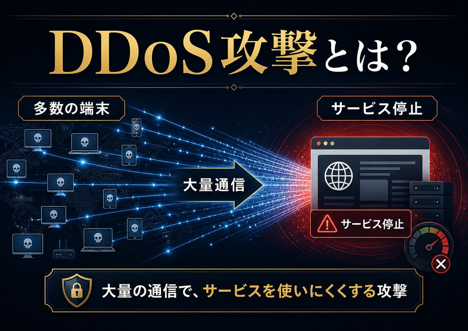 DDoS攻撃の全体像を、多数の端末、ボットネット、大量通信、サービス停止から示した図解
