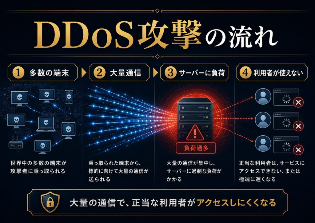 DDoS攻撃が、多数の端末から大量通信を送り、サーバーやネットワークに負荷をかけ、正当な利用者がアクセスできなくなる流れを示した図解