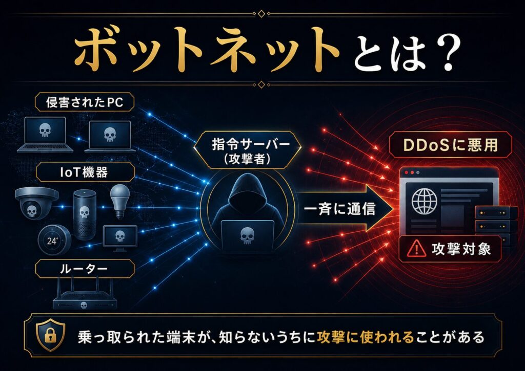 侵害されたパソコン、サーバー、IoT機器、ルーターなどがボットネットとしてDDoS攻撃に使われる構造を示した図解
