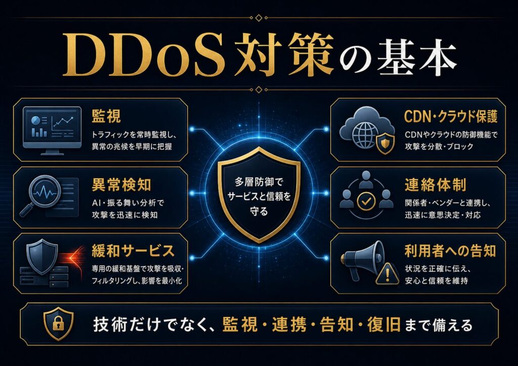 DDoS対策として、監視、異常検知、DDoS対策サービス、CDN、連絡体制、利用者への告知を示した図解