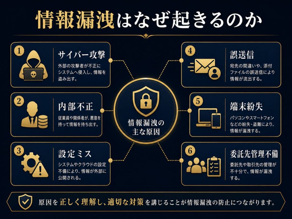 情報漏洩の原因を、サイバー攻撃、内部不正、設定ミス、誤送信、端末紛失、委託先管理不備から示した図解