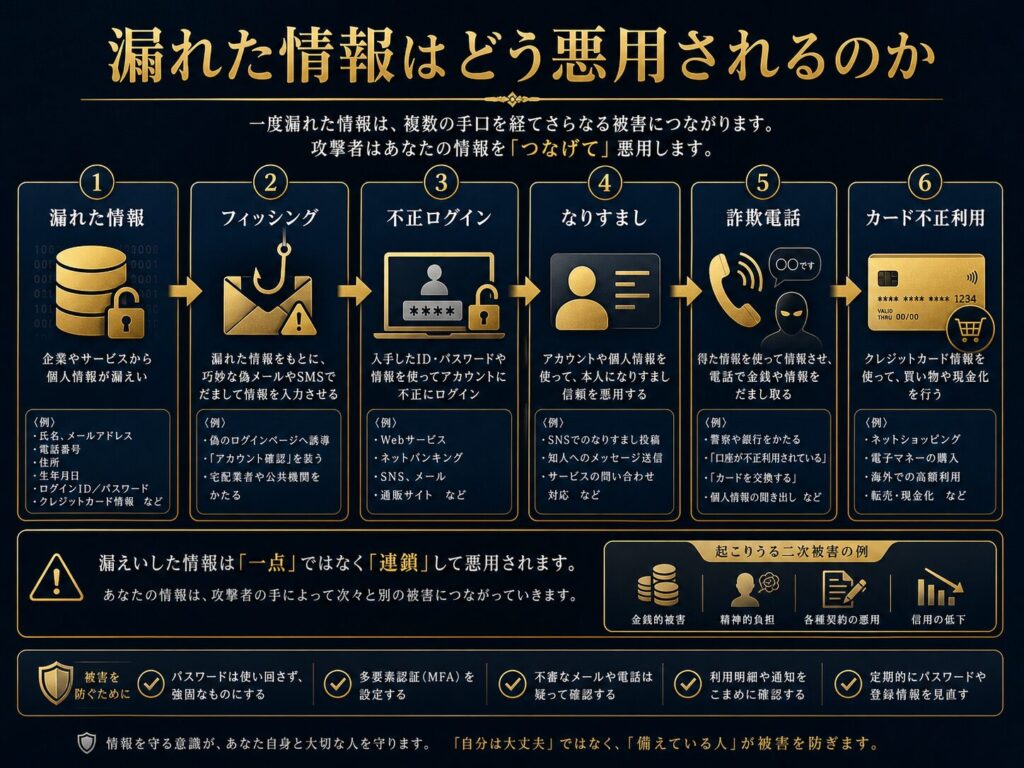 漏れた情報が、フィッシング、不正ログイン、なりすまし、詐欺電話、カード不正利用へ悪用される流れを示した図解