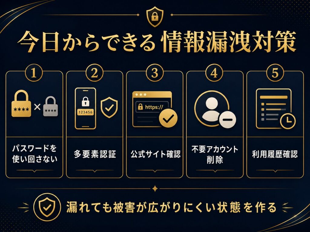 情報漏洩に備える基本対策として、パスワード使い回し防止、多要素認証、公式サイト確認、不要アカウント削除、利用履歴確認を示した図解