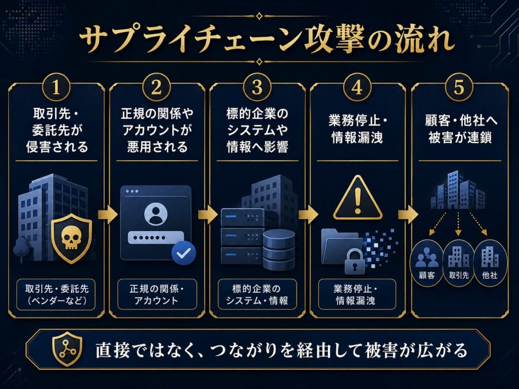 取引先や委託先が攻撃され、そこから標的企業や顧客へ被害が広がる流れを示した図解