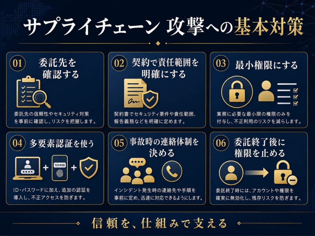サプライチェーン攻撃への基本対策として、委託先確認、契約責任範囲、最小権限、多要素認証、連絡体制、権限停止を示した図解