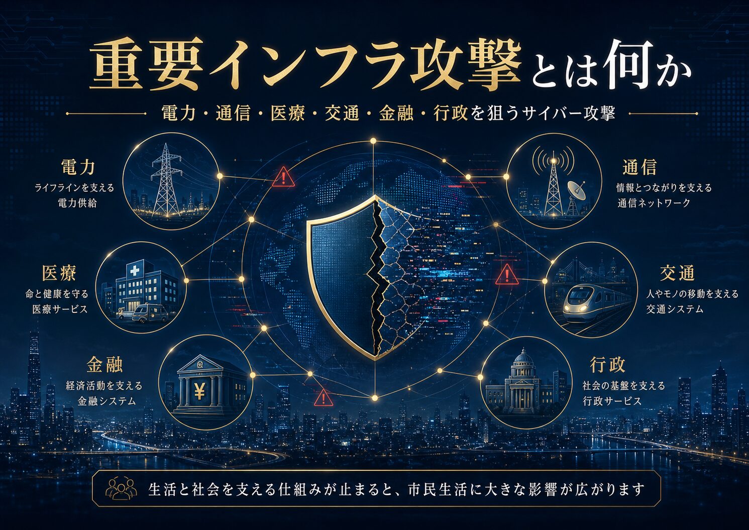 重要インフラ攻撃の全体像を、電力、通信、医療、交通、金融、行政など社会を支える仕組みから示した図解