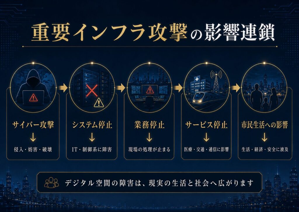 重要インフラ攻撃が、システム停止から業務停止、サービス停止、市民生活への影響へ広がる流れを示した図解