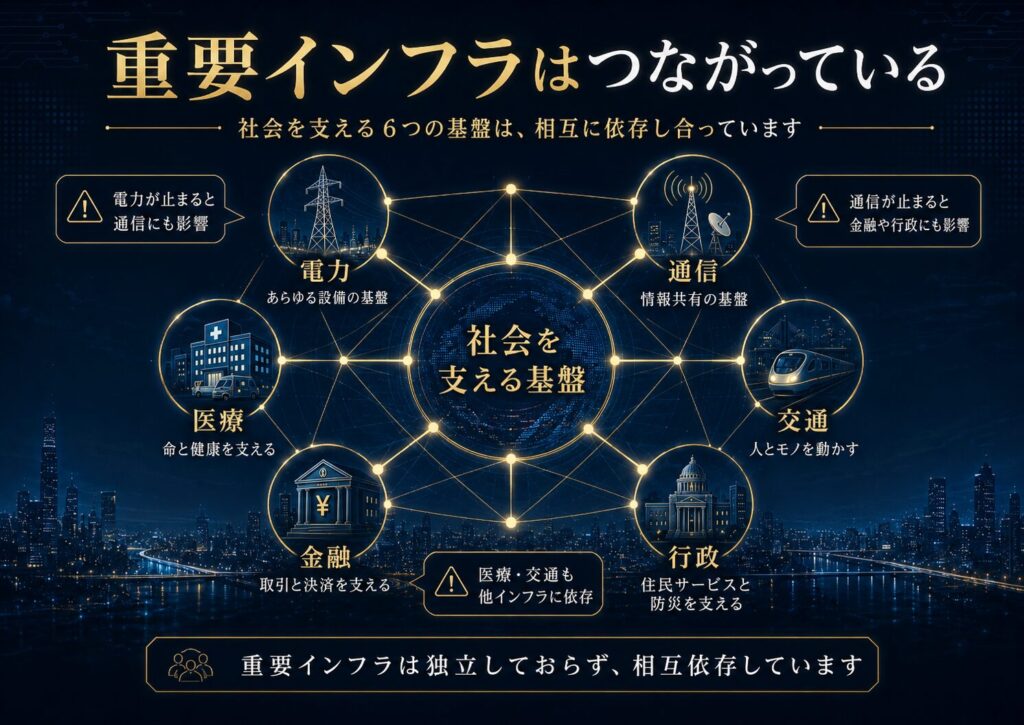 電力、通信、医療、金融、交通、行政が互いに依存している構造を示した図解