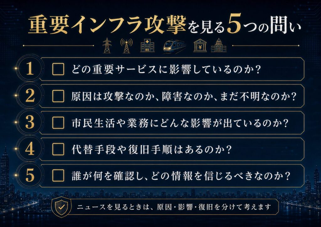 重要インフラ攻撃のニュースを見るための5つの問いを示したチェックリスト図解