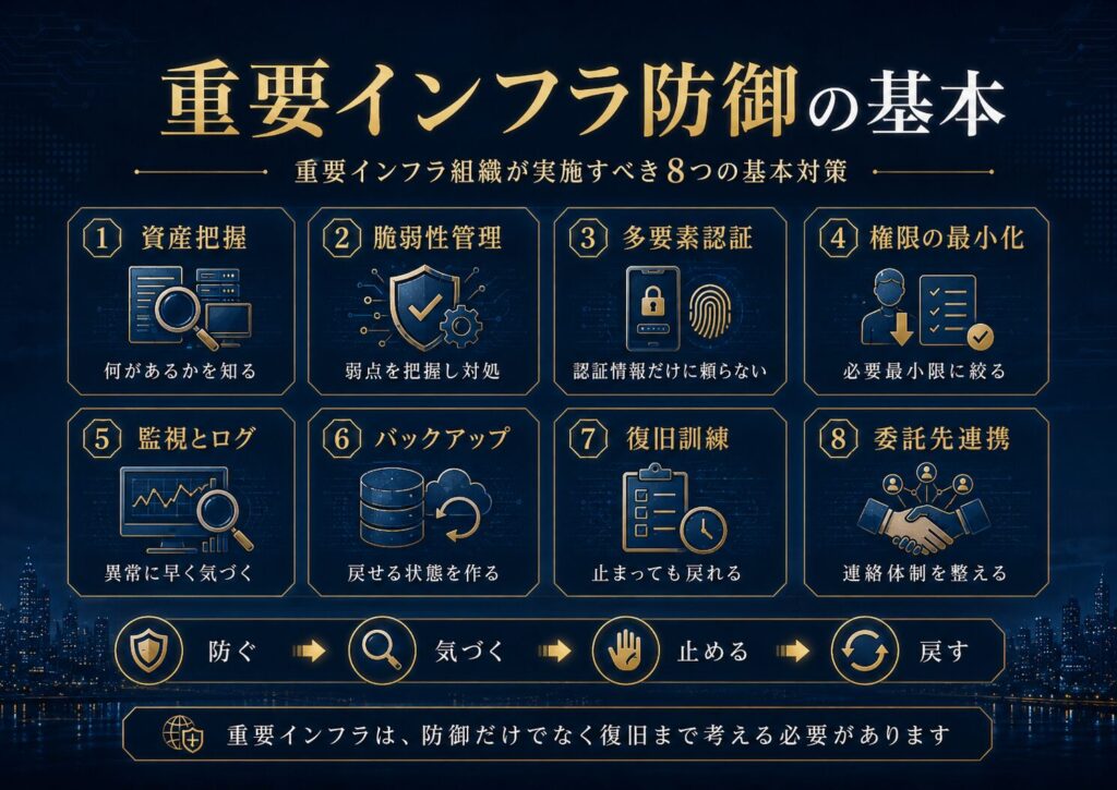 重要インフラ防御の基本として、資産把握、脆弱性管理、多要素認証、監視、バックアップ、復旧訓練、委託先連携を示した図解