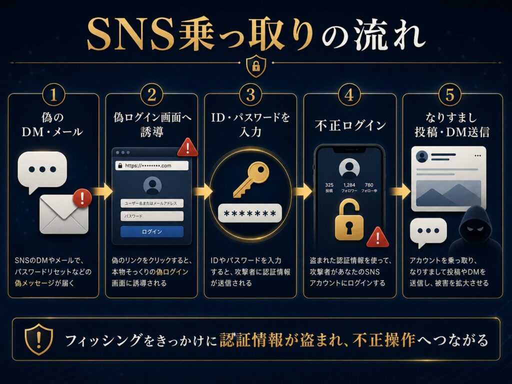 SNSアカウント乗っ取りが、偽DM、偽ログイン画面、認証情報の窃取、不正ログイン、なりすまし投稿へ進む流れを示した図解