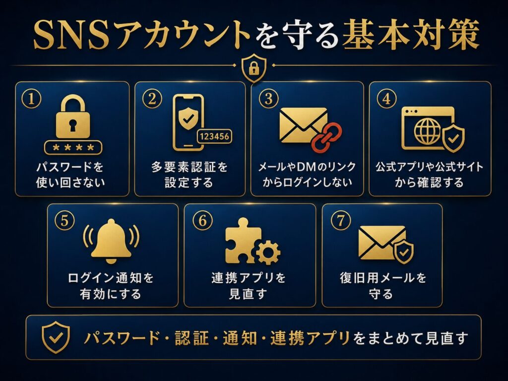 SNSアカウントを守る基本対策として、パスワード使い回し防止、多要素認証、ログイン通知、公式アプリ確認、連携アプリ見直しを示した図解