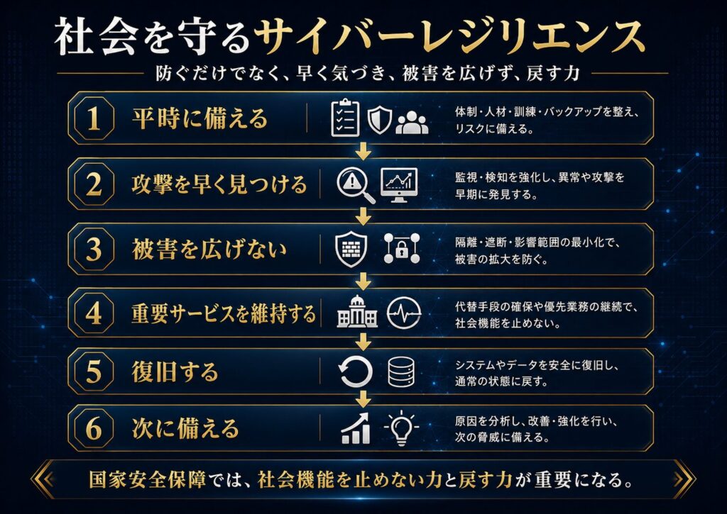 サイバー安全保障の基本として、平時の備え、検知、被害拡大防止、重要サービス維持、復旧、再発防止を示した図解