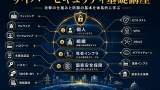 サイバーセキュリティ基礎講座の全体像を、攻撃の仕組み、防御、生活、社会インフラ、国家安全保障から示した図解