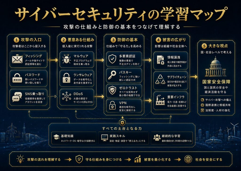 フィッシング、マルウェア、ランサムウェア、パスワード、多要素認証、ゼロトラスト、情報漏洩、重要インフラをつなげた学習マップ